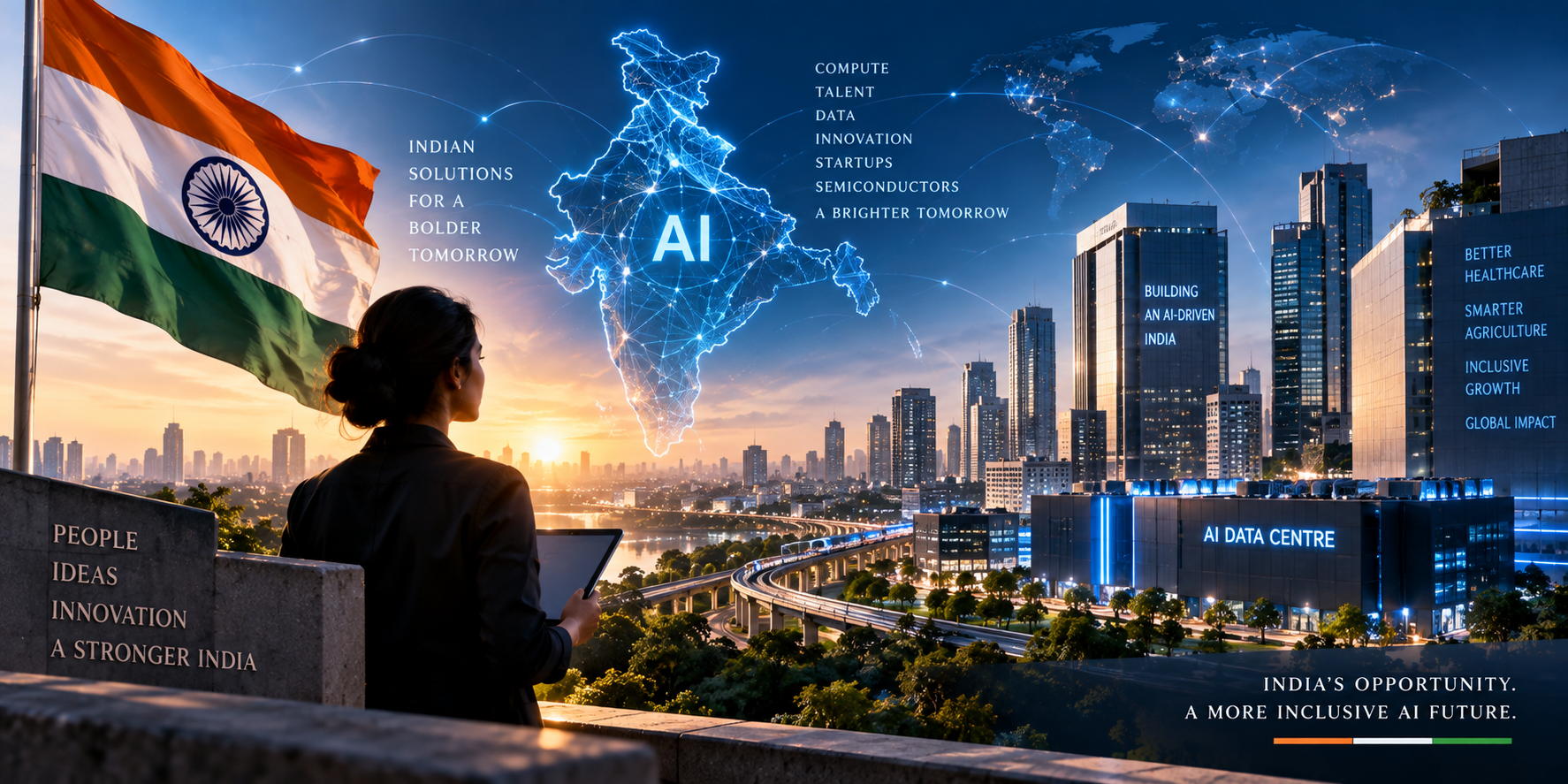 India AI strategy showing digital infrastructure, AI data centres and artificial intelligence technology