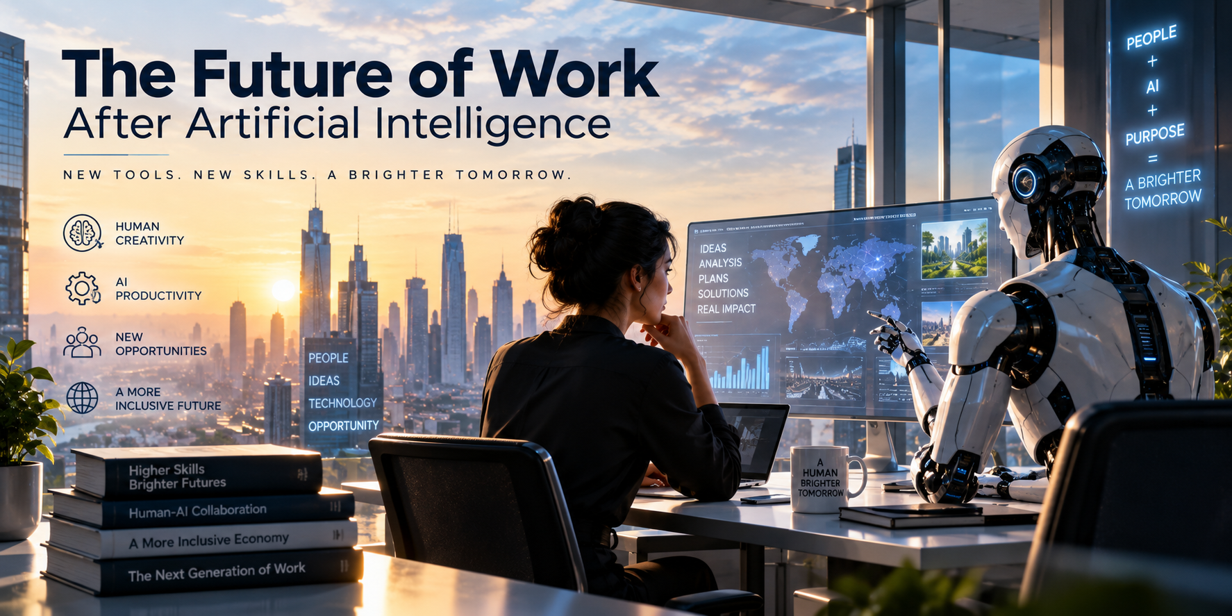 Human employee collaborating with artificial intelligence in the workplace of the future
