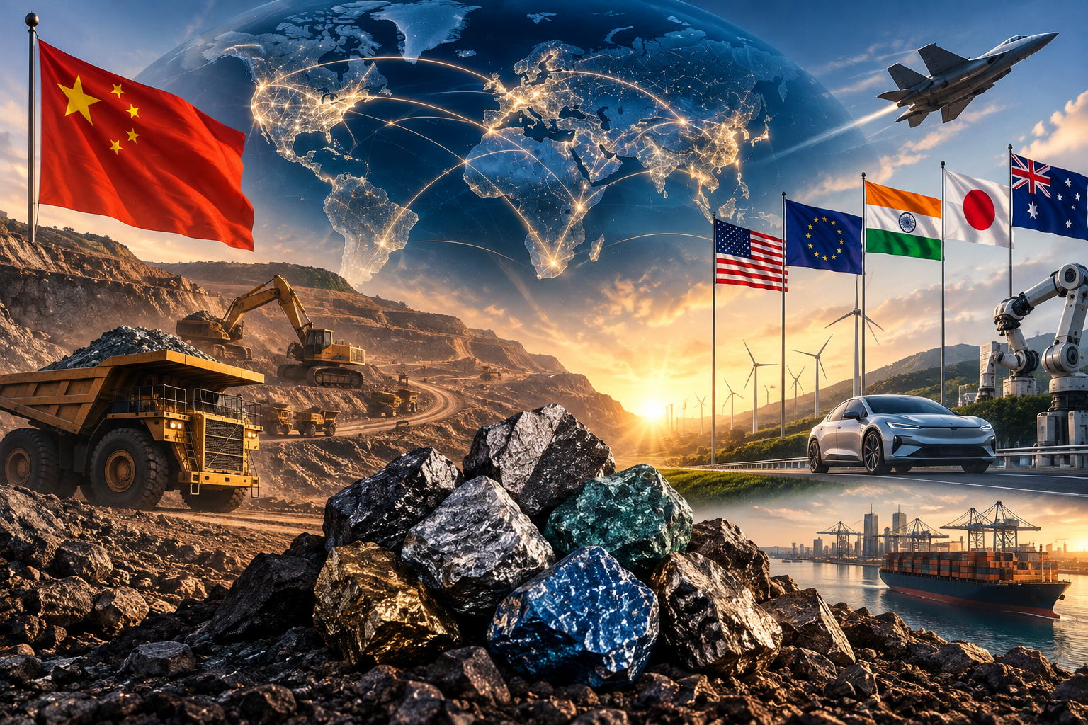 A dark global map highlighting China, India, Australia, Brazil, the US, Europe and Africa as competing nodes in the rare-earth supply chain, with minerals flowing toward factories and advanced technologies.