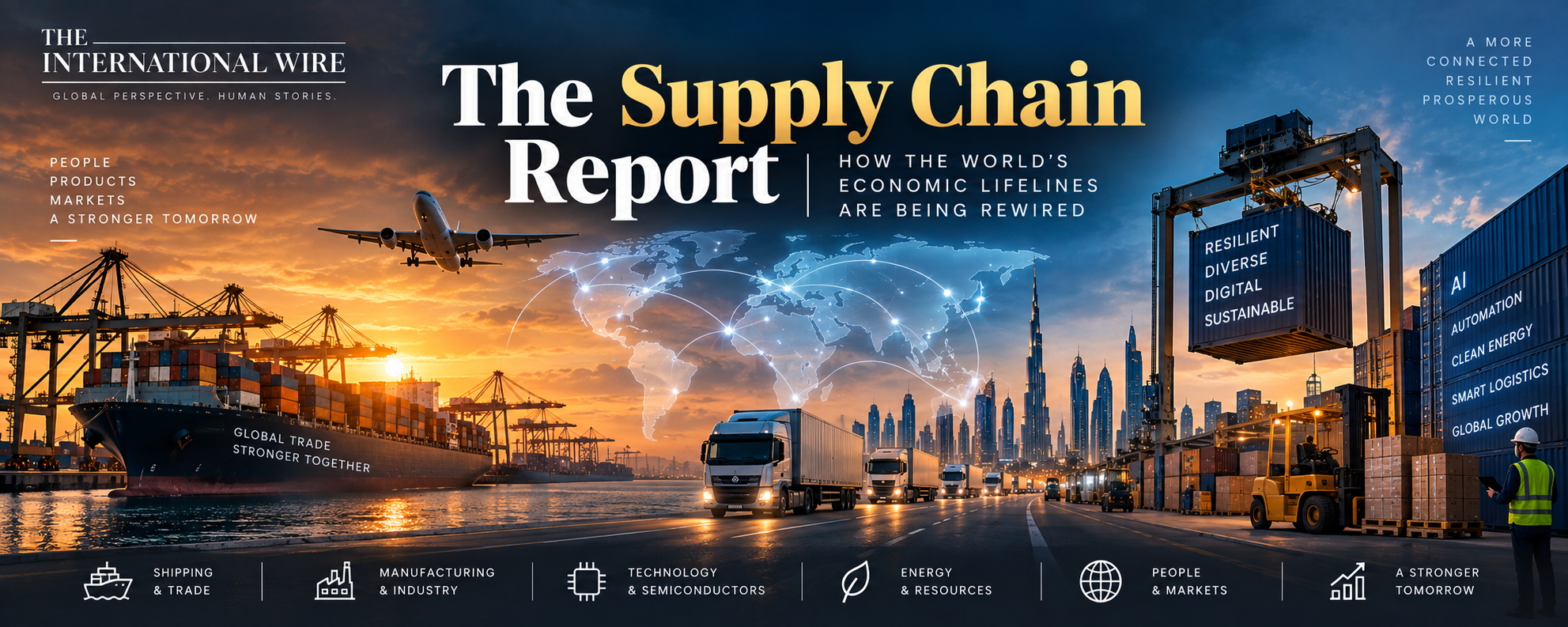 Global supply chain with cargo ships, ports, trucks, aircraft, AI technology and connected trade routes