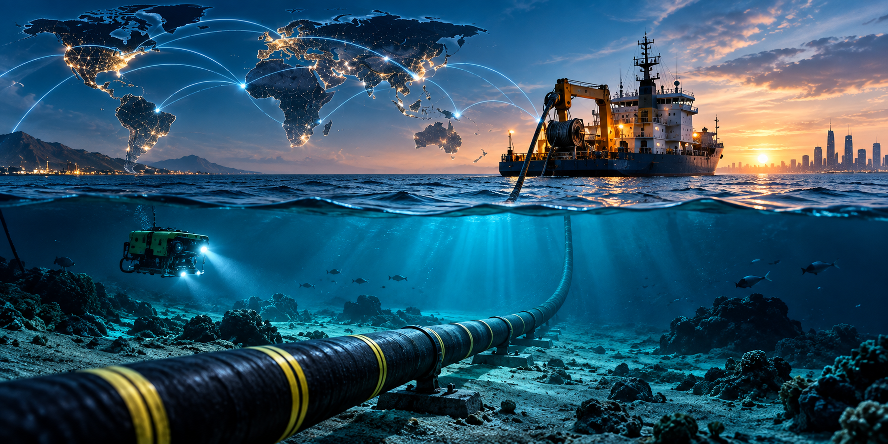 Undersea submarine cables carrying global internet and data traffic