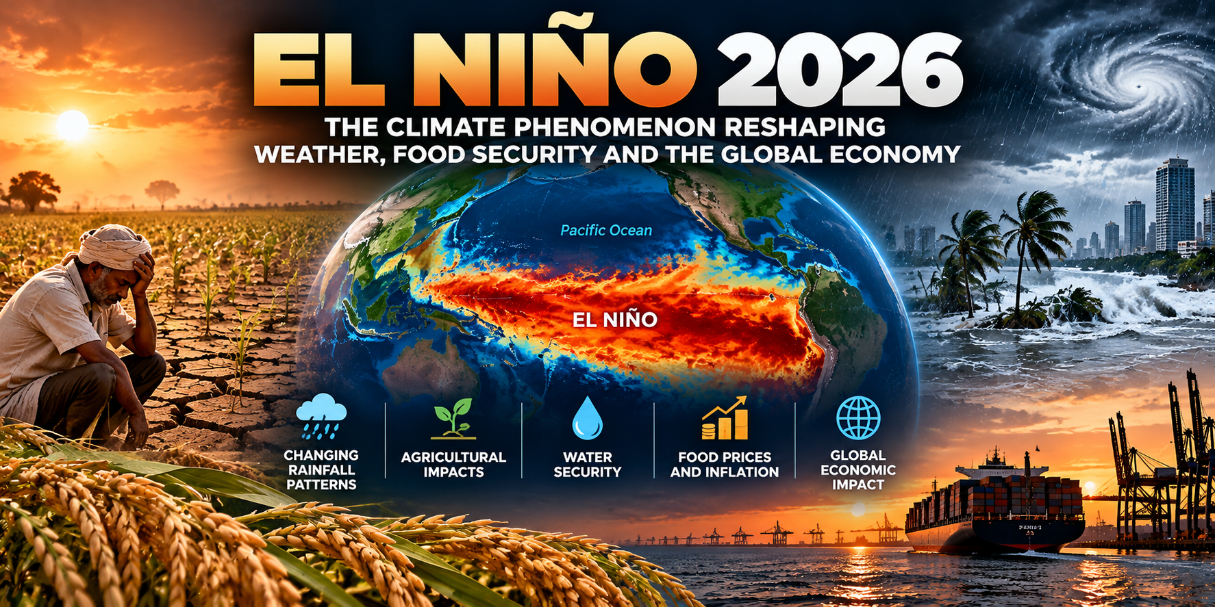 El Niño 2026 illustration showing Pacific Ocean warming, drought-stricken farmland, extreme weather, water security risks and global trade.