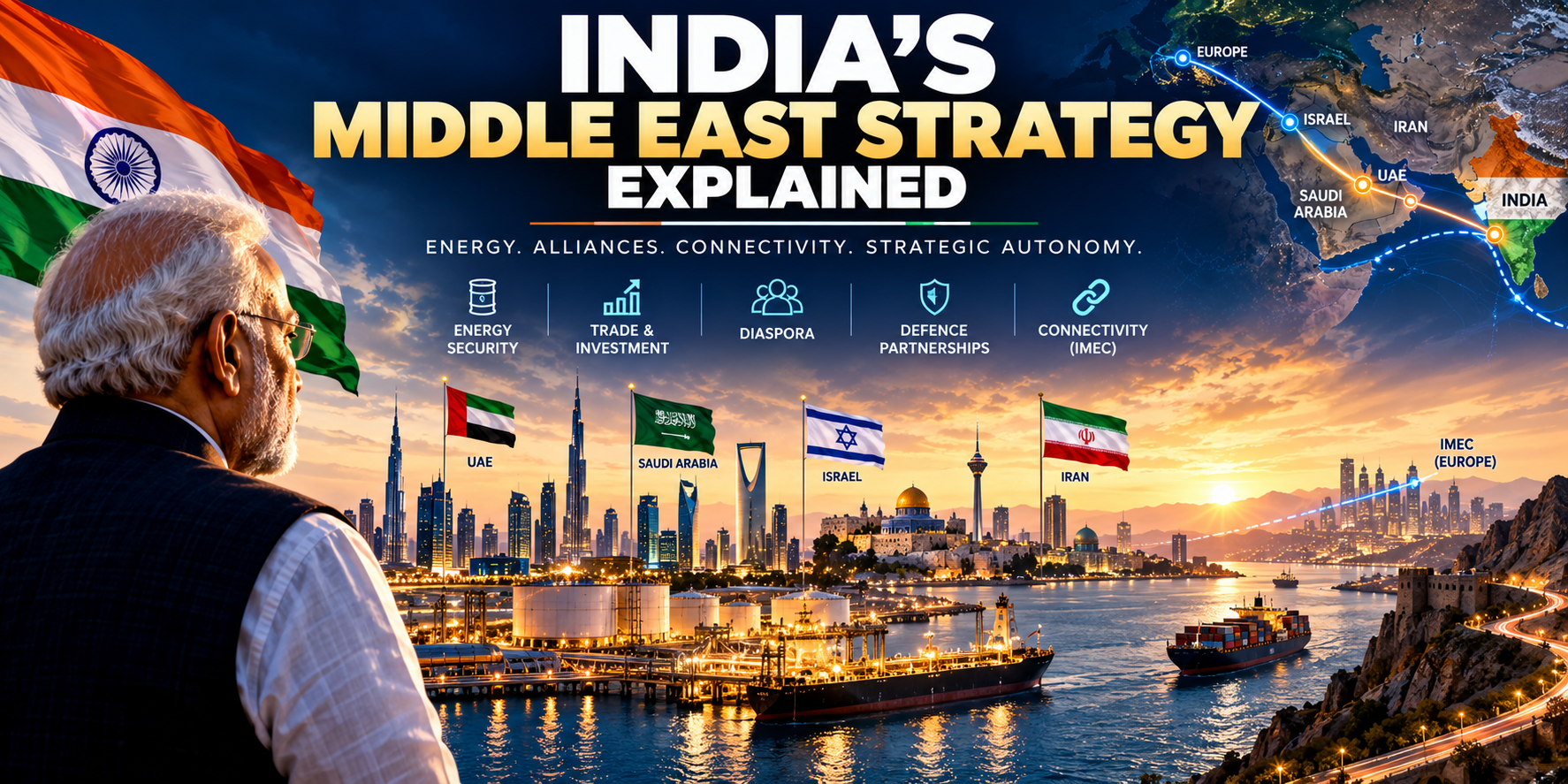 India’s Middle East strategy, showing India’s relationships with the UAE, Saudi Arabia, Israel and Iran, alongside energy supplies and regional trade routes.