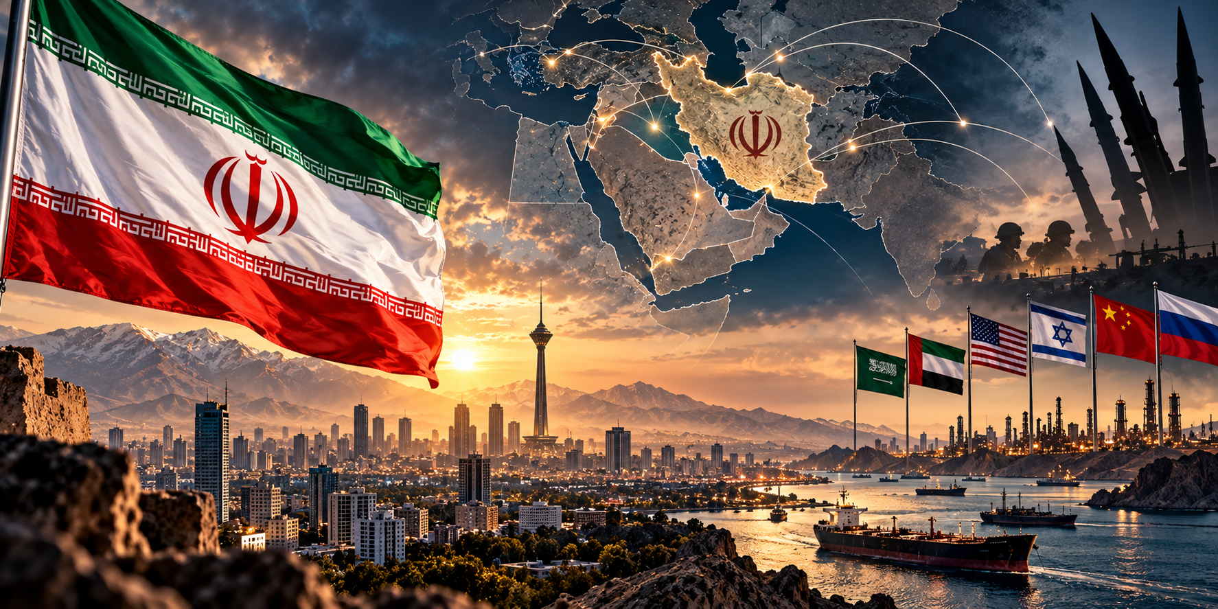 Iranian flag and Tehran skyline against a Middle Eastern geopolitical backdrop representing Iran’s future after regional realignment.