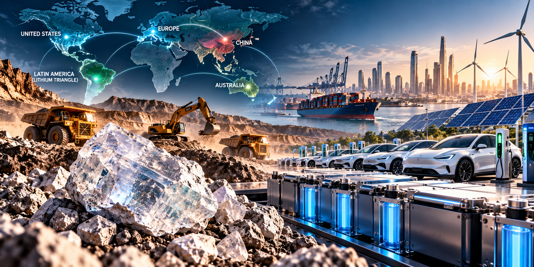 Lithium ore, battery packs, electric vehicles and renewable energy infrastructure representing the global competition for critical minerals.
