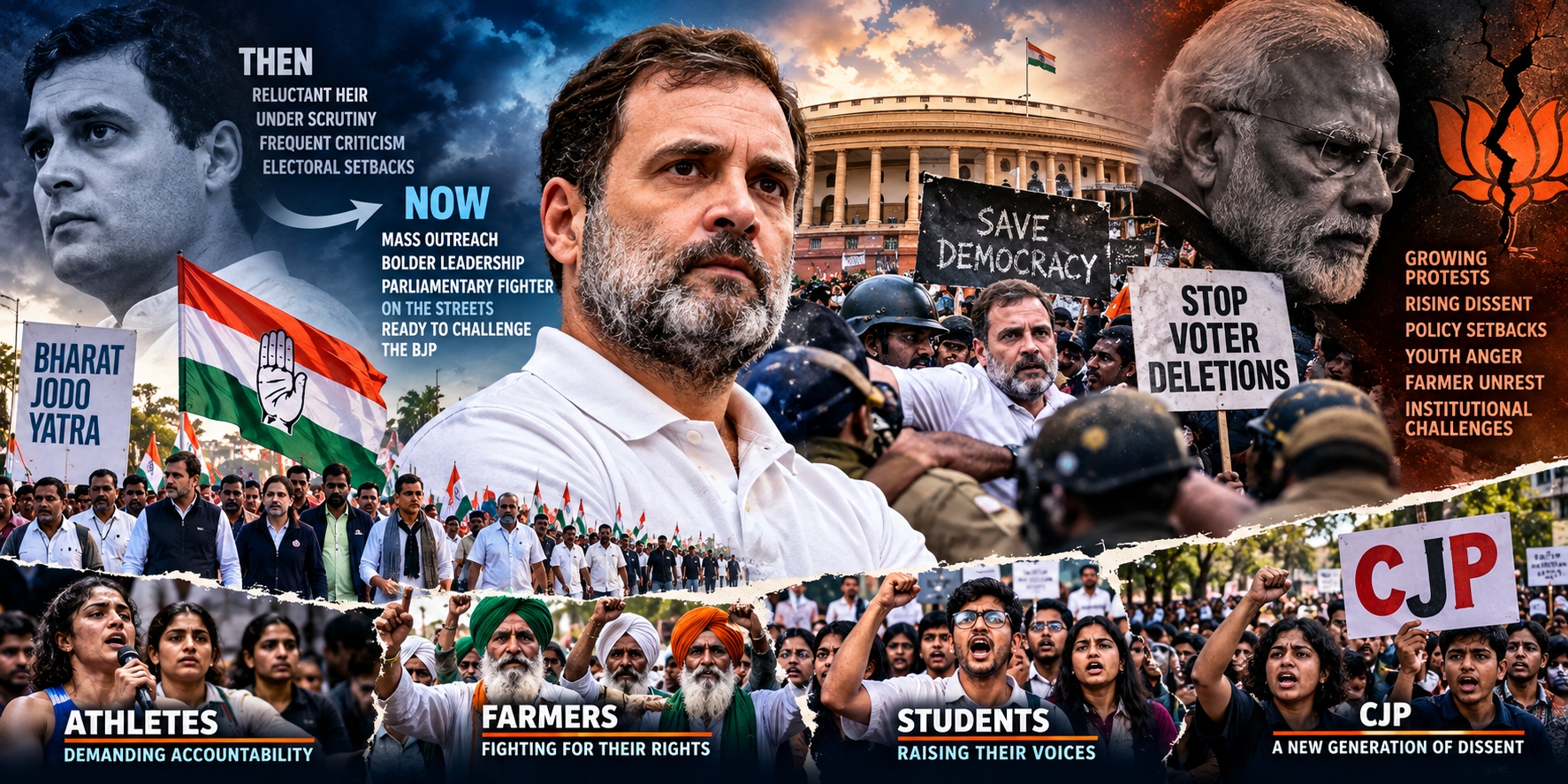 Rahul Gandhi at political protests, representing his evolving leadership and the challenges facing the BJP amid demonstrations by athletes, farmers and students.