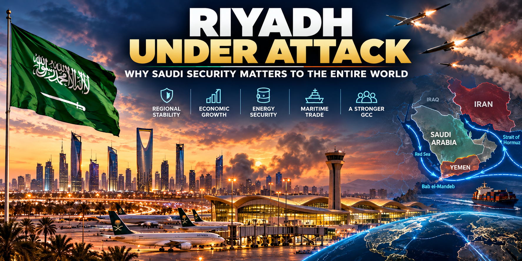 Saudi Arabia’s Riyadh skyline and King Khalid International Airport with a map highlighting Gulf security, the Red Sea, Yemen and the Strait of Hormuz.