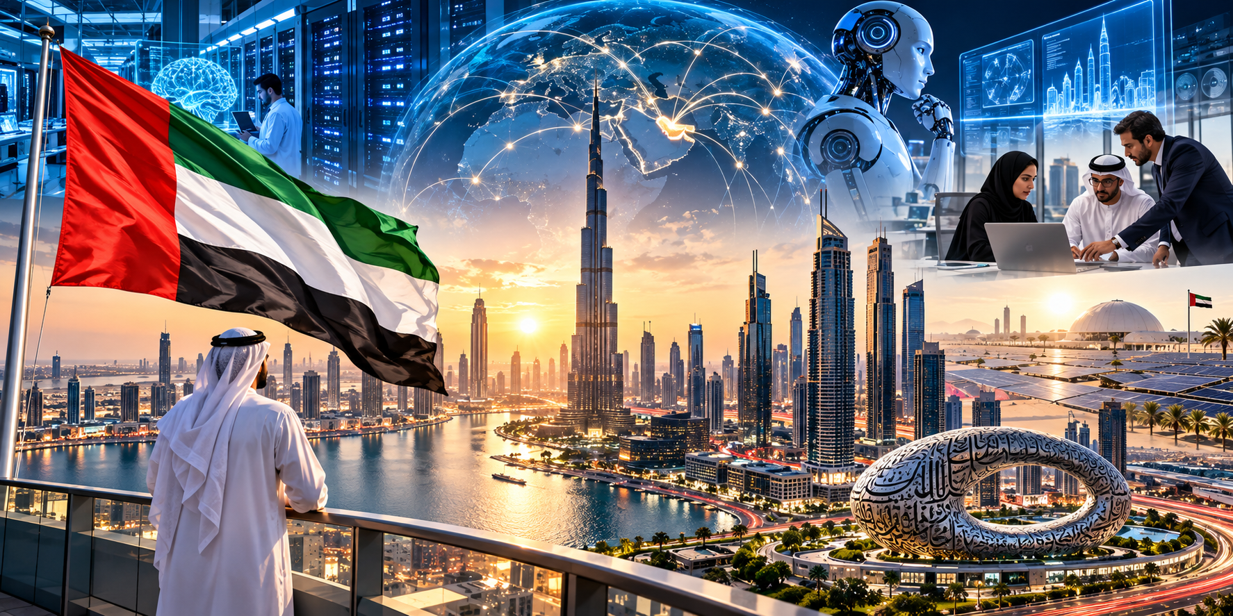 Dubai skyline, UAE flag, data centres, robotics and AI technology representing the UAE’s ambition to become a global artificial intelligence hub.